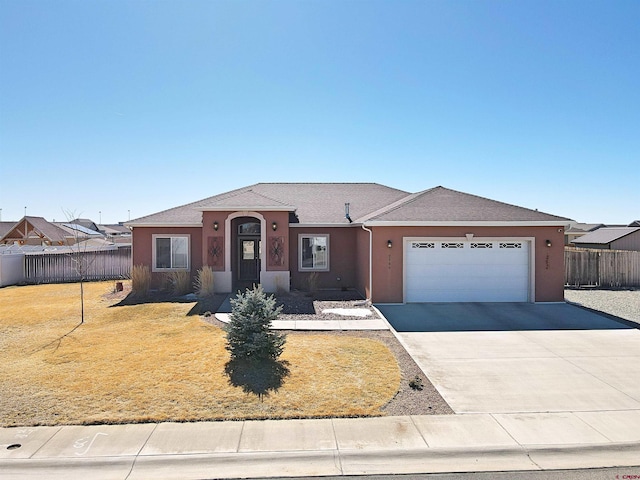 ranch-style home with a front yard, fence, and stucco siding