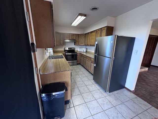 kitchen featuring light countertops, visible vents, appliances with stainless steel finishes, a sink, and under cabinet range hood