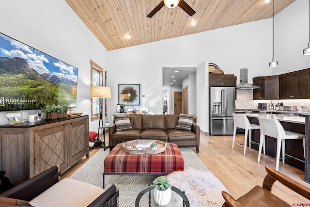 living room featuring wooden ceiling, high vaulted ceiling, light wood finished floors, and a ceiling fan