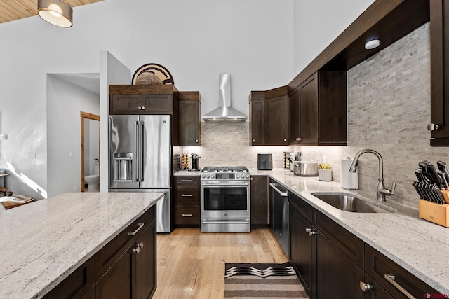 kitchen with stainless steel appliances, decorative backsplash, a sink, light wood-type flooring, and wall chimney exhaust hood