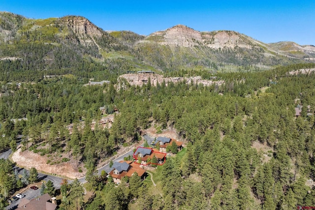 aerial view featuring a mountain view and a wooded view