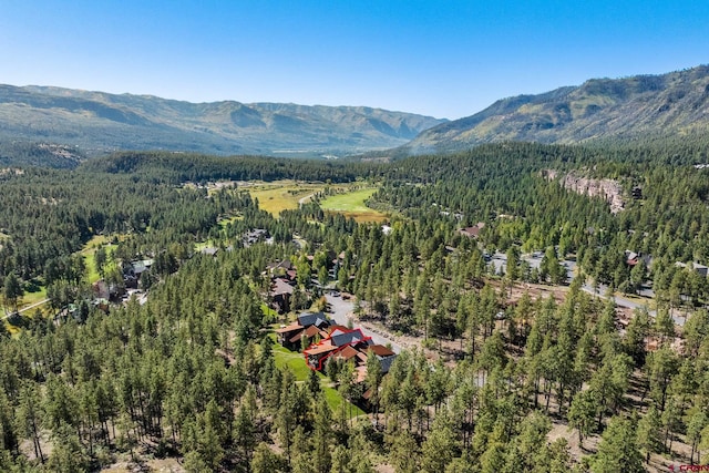 birds eye view of property with a mountain view and a view of trees