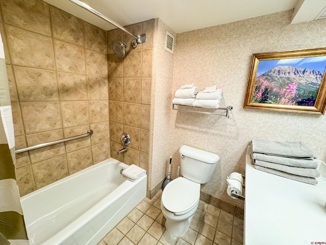 full bath with shower / bath combo, visible vents, toilet, and tile patterned floors