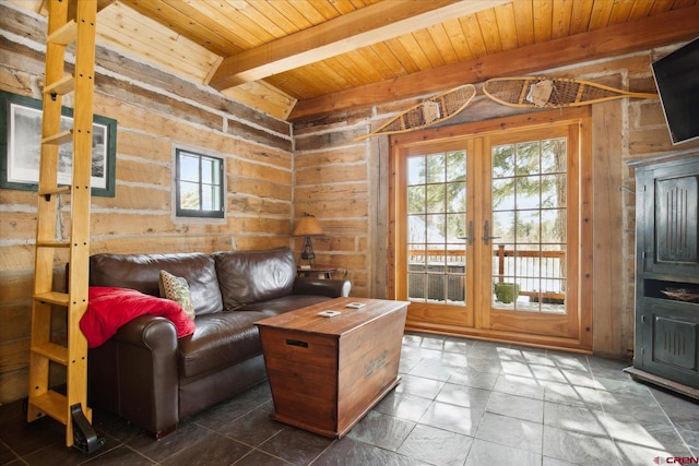 living area with wood ceiling and beam ceiling