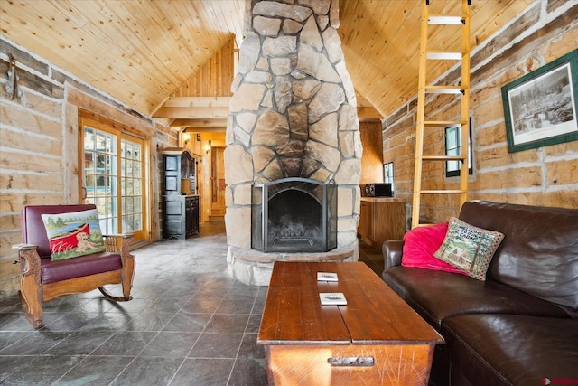 living room with high vaulted ceiling, wooden ceiling, a fireplace, and wooden walls