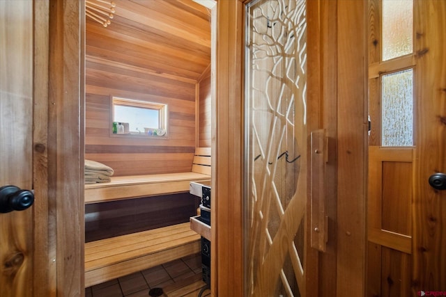 view of sauna featuring tile patterned floors