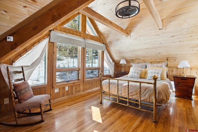 bedroom with lofted ceiling with beams, wooden ceiling, wooden walls, and hardwood / wood-style floors