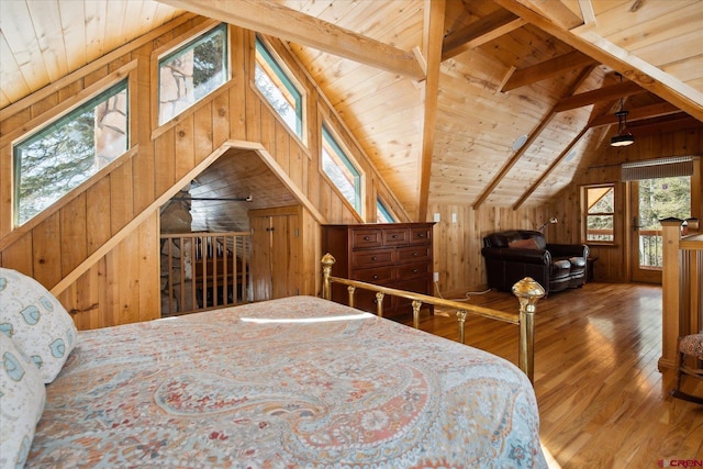 bedroom with wooden ceiling, wooden walls, lofted ceiling with beams, and wood finished floors