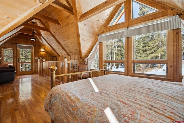 bedroom with lofted ceiling with beams, wooden ceiling, wooden walls, access to outside, and wood-type flooring