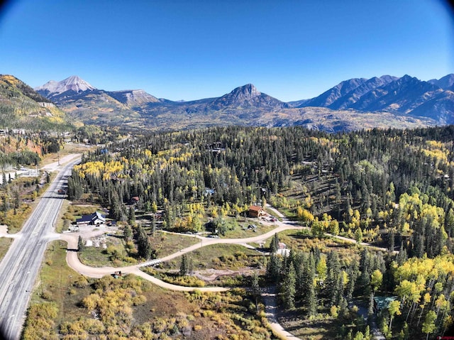 drone / aerial view with a mountain view and a wooded view