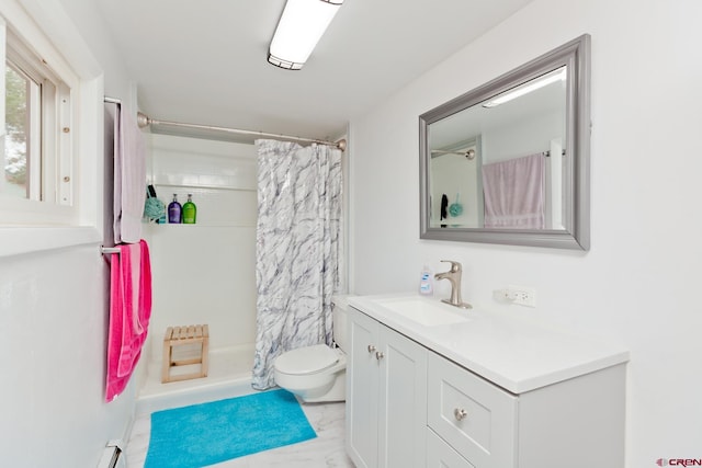 bathroom with toilet, curtained shower, marble finish floor, and vanity