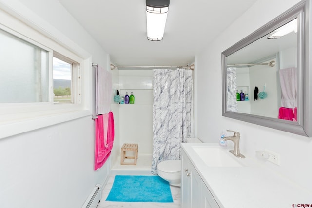 bathroom with toilet, a shower with curtain, a baseboard heating unit, and vanity