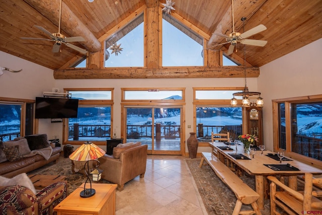 living area with ceiling fan with notable chandelier, wooden ceiling, and plenty of natural light