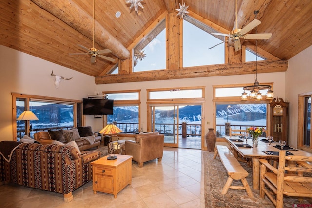 living room with high vaulted ceiling, wood ceiling, and ceiling fan with notable chandelier