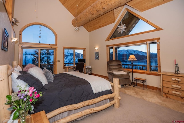 bedroom with high vaulted ceiling, access to outside, beam ceiling, and wood ceiling