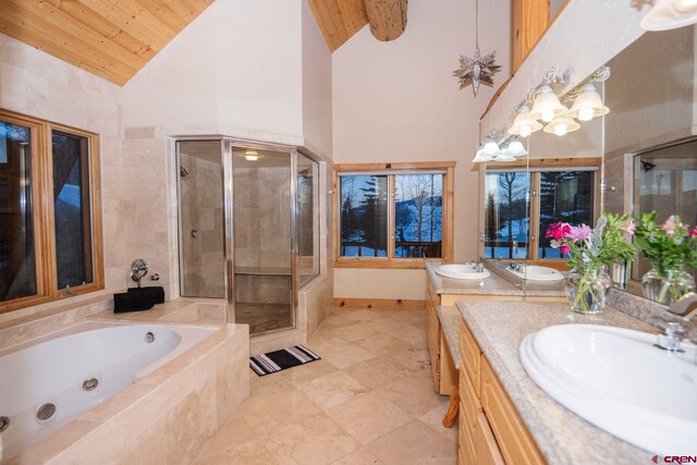 full bath with high vaulted ceiling, wood ceiling, vanity, a tub with jets, and a stall shower