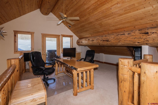 office space featuring carpet floors, wooden ceiling, lofted ceiling with beams, and baseboards