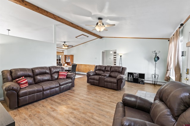 living room featuring visible vents, ceiling fan, lofted ceiling with beams, and wood finished floors