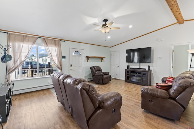 living area featuring lofted ceiling with beams, light wood finished floors, a baseboard radiator, and crown molding