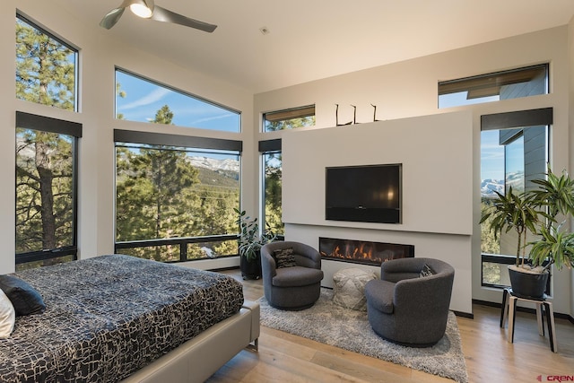 bedroom featuring a ceiling fan, a glass covered fireplace, and wood finished floors