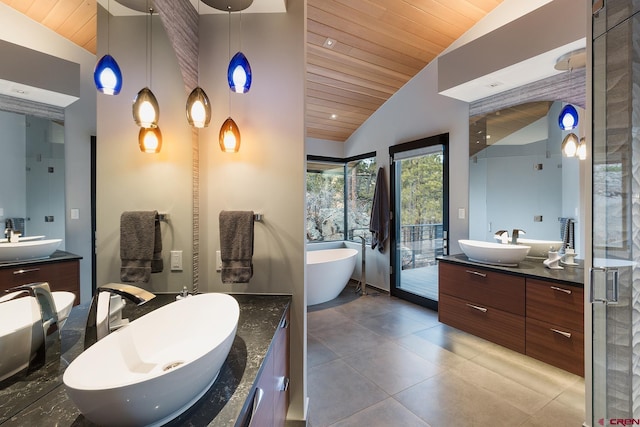 full bath featuring wooden ceiling, two vanities, and a sink