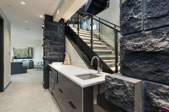 staircase with carpet and recessed lighting