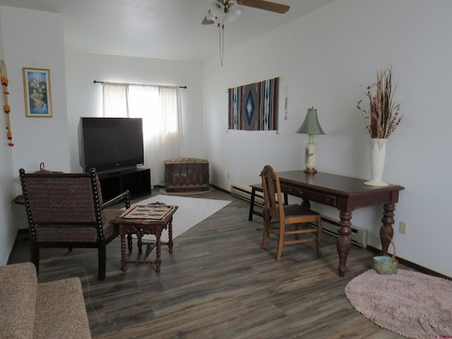 living room with ceiling fan, baseboards, and dark wood-style flooring