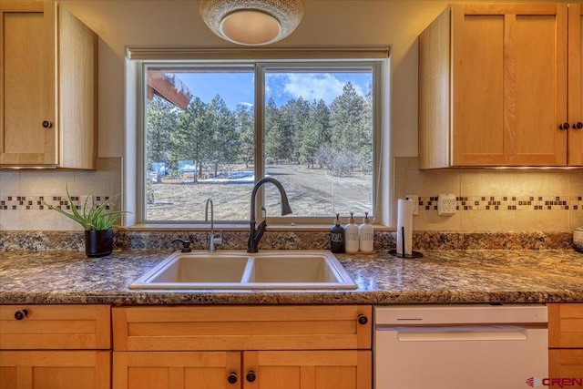 kitchen with dark stone counters, white dishwasher, a sink, and backsplash