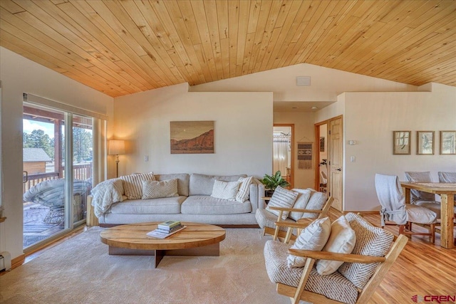 living area with lofted ceiling, a baseboard heating unit, light wood-type flooring, and wooden ceiling