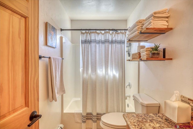 bathroom with shower / bathtub combination with curtain and toilet