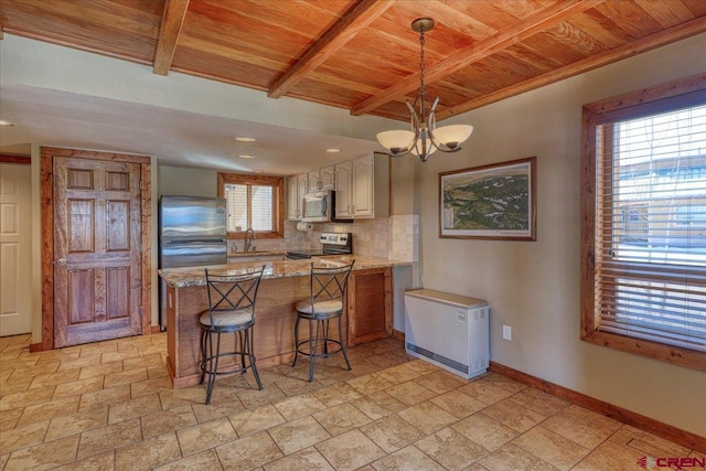 kitchen featuring wooden ceiling, stainless steel appliances, a sink, baseboards, and tasteful backsplash