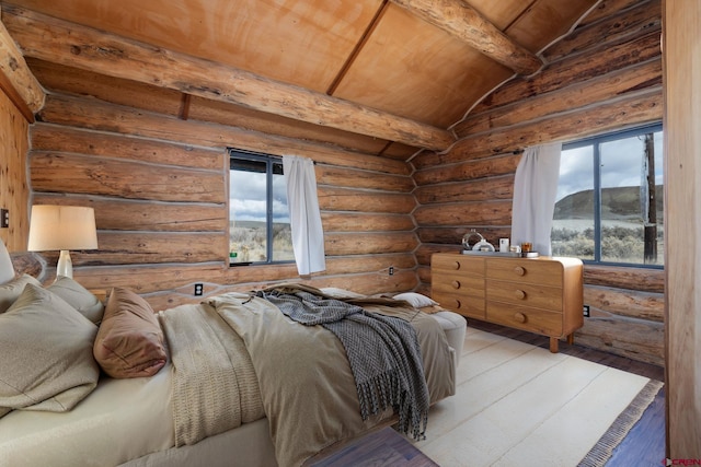 bedroom featuring wood ceiling, log walls, wood-type flooring, and lofted ceiling with beams