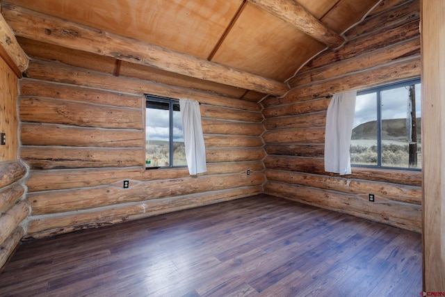 unfurnished room with vaulted ceiling with beams, wooden ceiling, rustic walls, and dark wood-type flooring