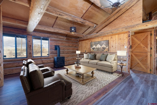 living room featuring a wood stove, rustic walls, beam ceiling, and wood finished floors