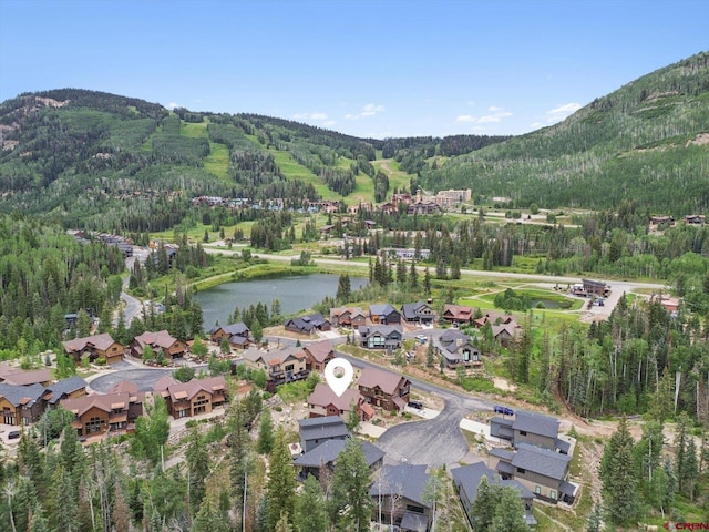 drone / aerial view with a view of trees and a water and mountain view