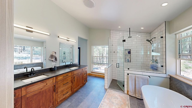 full bathroom with a freestanding tub, a shower stall, and a sink