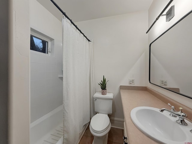 full bath with vanity, toilet, and shower / bathtub combination with curtain