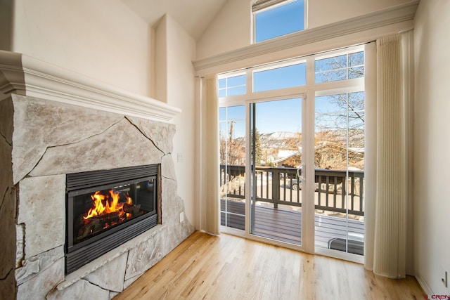 doorway featuring lofted ceiling, wood finished floors, and a glass covered fireplace