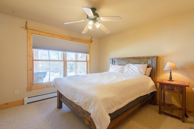 bedroom featuring baseboard heating, carpet flooring, a ceiling fan, and baseboards