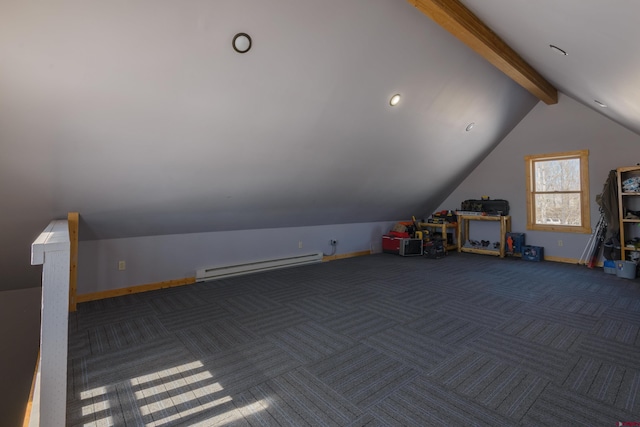 game room featuring lofted ceiling with beams, carpet floors, a baseboard radiator, and baseboards