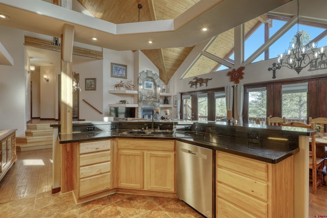 kitchen with a sink, wood ceiling, open floor plan, stainless steel dishwasher, and an inviting chandelier