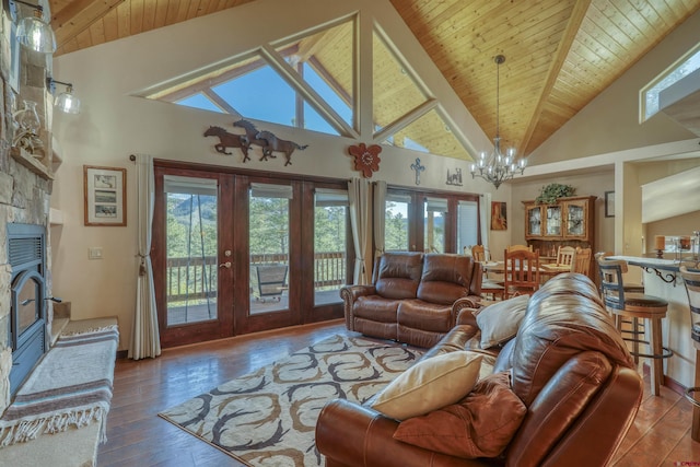 living room with french doors, a fireplace, high vaulted ceiling, wooden ceiling, and hardwood / wood-style floors