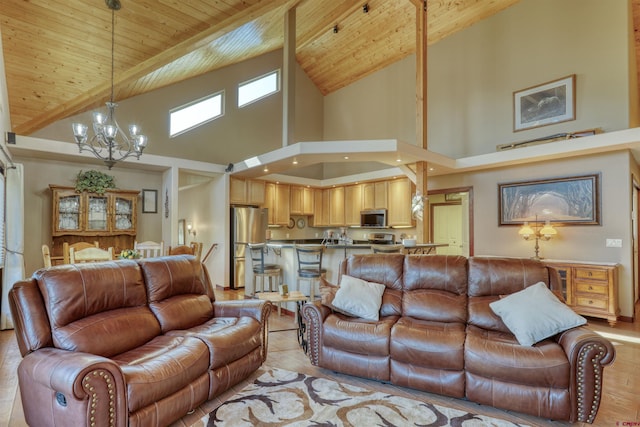 living room featuring light wood-type flooring, wooden ceiling, lofted ceiling, and an inviting chandelier