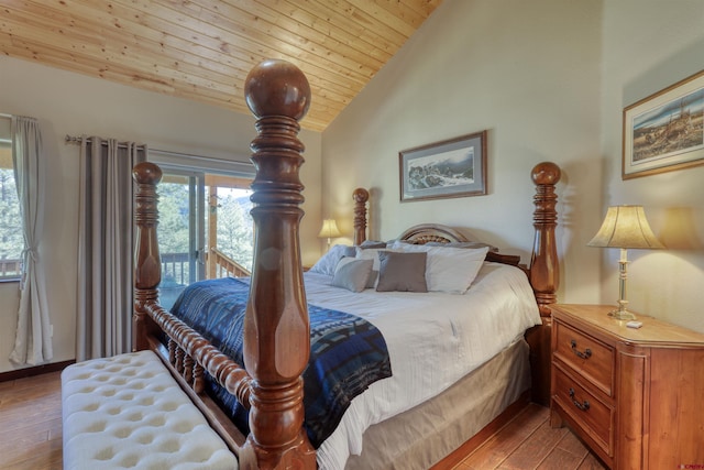 bedroom with lofted ceiling, wooden ceiling, access to outside, and wood-type flooring