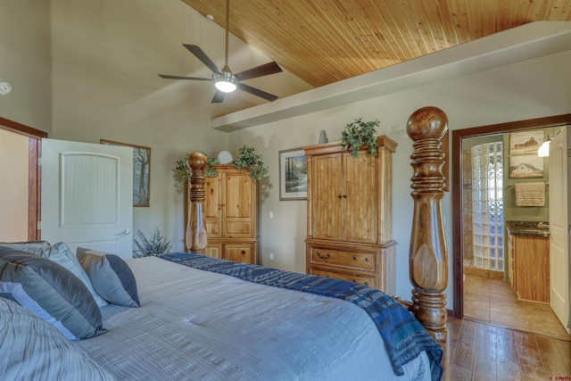 bedroom featuring high vaulted ceiling, wooden ceiling, hardwood / wood-style floors, and a ceiling fan