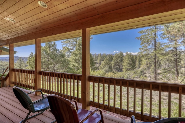 wooden terrace with a view of trees