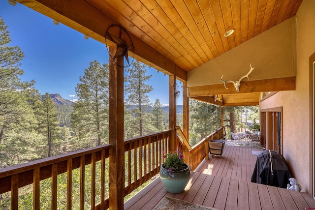 wooden deck featuring a mountain view