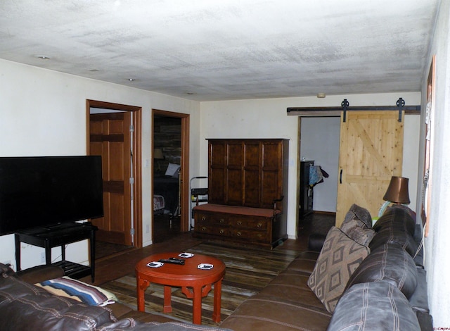 living room with a barn door and a textured ceiling