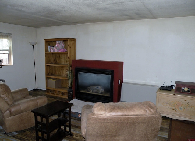 living area featuring a fireplace with flush hearth and wood finished floors