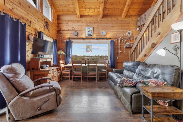 living room with wood ceiling, wooden walls, and beamed ceiling